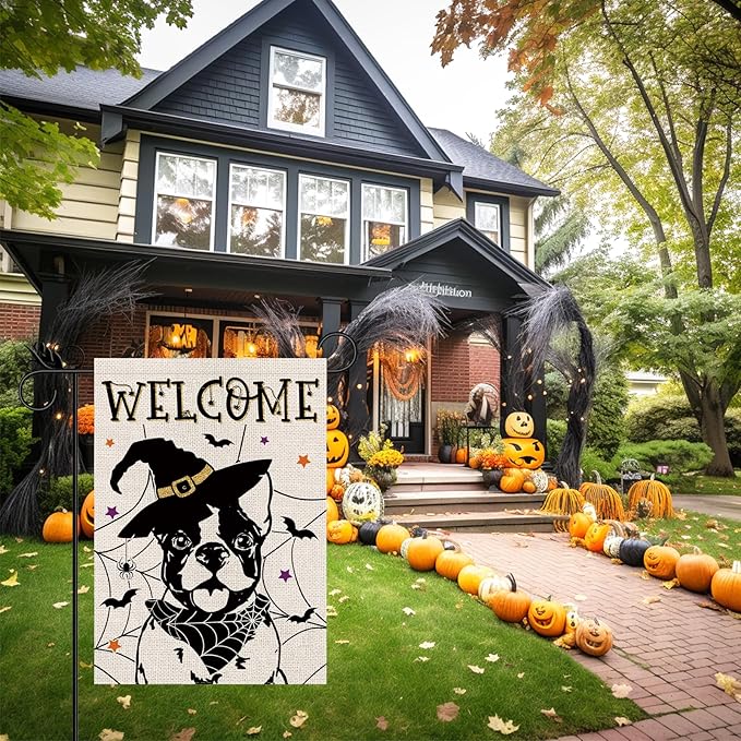 Halloween Garden Flag Boston Terrier Cobweb Bats Double Sided Vertical Welcome Flag Holiday Outdoor Yard Lawn Decorations 12.5 x 18 Inch