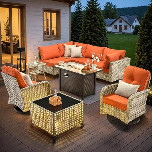 HOOOWOOO Outdoor Patio Furniture Set with Fire Pit Table,9 Pieces Wicker Out Door Sectional Furniture L Shaped Couch,Outside Patio Conversation Sets Swivel Chair,Orange Red
