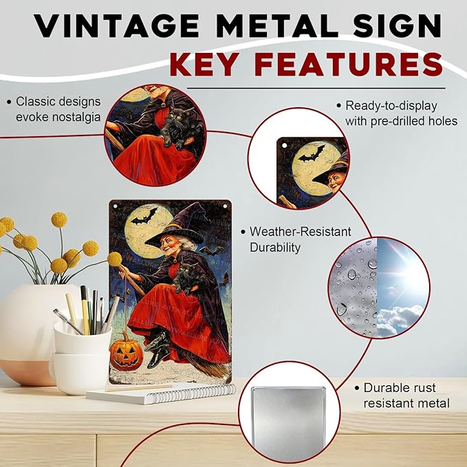 Witch Flying Broom Vintage Sign Halloween Cat Metal Tin Sign Full Moon Bat Pumpkin Poster 8x12inch