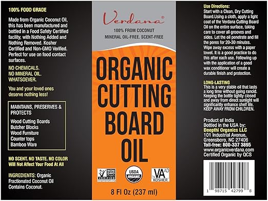 Verdana Food Grade Cutting Board Oil for Wood – 8 Fl Oz - Organic, Kosher, Non-GMO – Coconut Derived, No Mineral Oil – Conditioner & Polish for Butcher Block, Bamboo, Utensils, Wood Furniture