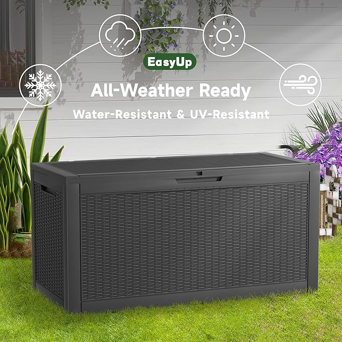100 Gallon Outdoor Storage Box Waterproof, UV Resistant Resin Deck Box with Hydraulic Rod, Reinforced Stability for Patio, Garden, Rattan Black