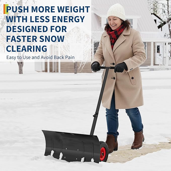 18" H X 30" W Metal Snow Pusher with Wheels, Adjustable Angle & Height Handle for Effortless Snow Removal | Ergonomic Double-Rod Design for Driveway & Sidewalk