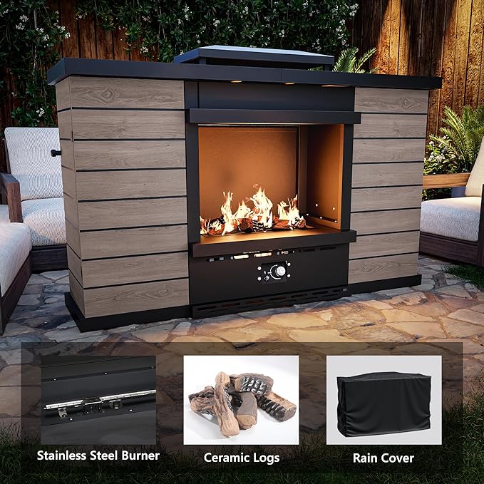 Outdoor Propane Fireplace, 50,000 BTU Gas Fire Pit with Ceramic Logs, Rain Cover, 63 Inch Steel Metal Smokeless Fireplace for Patio, Deck, CSA Certified (63 x 41 Inch)