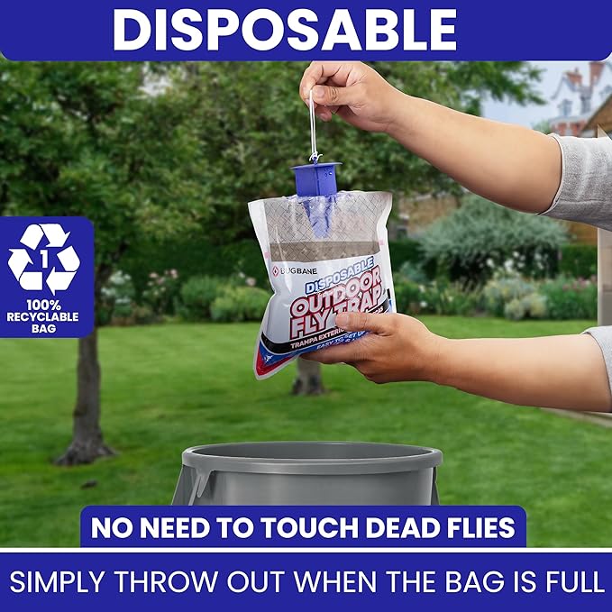 Fly Traps Outdoor Fly Trap for Patio. 12 Non-Toxic Pre-Baited Flies Bags Outdoor Disposable. Hanging Bug Catchers for All Filth Flies Killer for Outside Bug Control in Yard Horse Ranch Trash Can