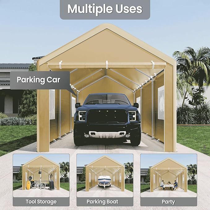 Carport 10x20 Ft, Heavy Duty Car Canopy with Reinforced Ground Bar, Portable Garage with Roll-up Windows and Removable Sidewalls, Galvanized Car Shelter, Large Outdoor Carports (Yellow)