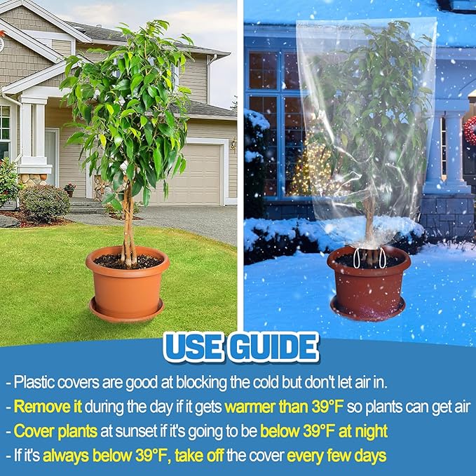 ANPHSIN 6 Pcs Winter Plant Film Cover with Drawstring - 35.4" x 59" Plastic Plant Cover Freeze Protection Transparent Waterproof Plant Shelter Bag for Outdoors Garden Plants Shrubs Sapling Crops