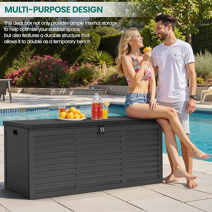 130 Gallon Outdoor Deck Box, Waterproof Resin Box with Lockable Lid, UV-Resistant for Cushions, Garden Tools & Pool Accessories (BLACK), Patio Furniture