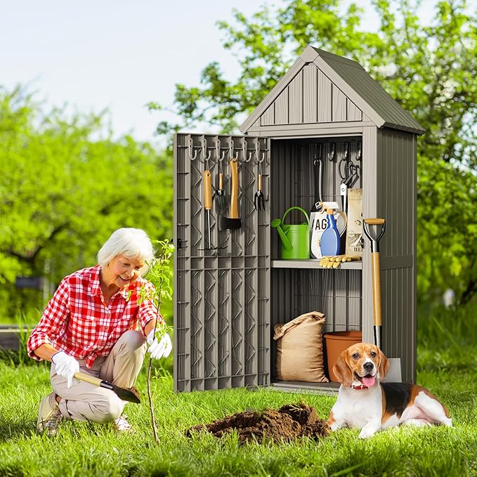 Multifunctional Storage Shed, Outdoor Storage Cabinet with Hooks and Lock Ring, Waterproof Outdoor Storage Shed for All Weather, Tool Outdoor Shed for Patio Lawn and Garden