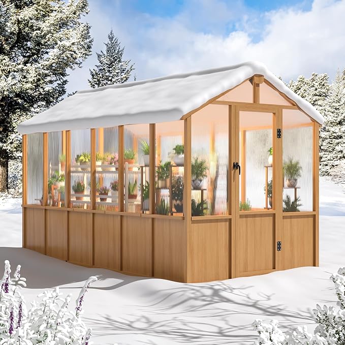 6x12 FT Wooden Greenhouse for Outdoors, Walk-in Greenhouse with 6MM Thick Polycarbonate Panel and Adjustable Roof Vents, Garden Backyard, Wood Colour