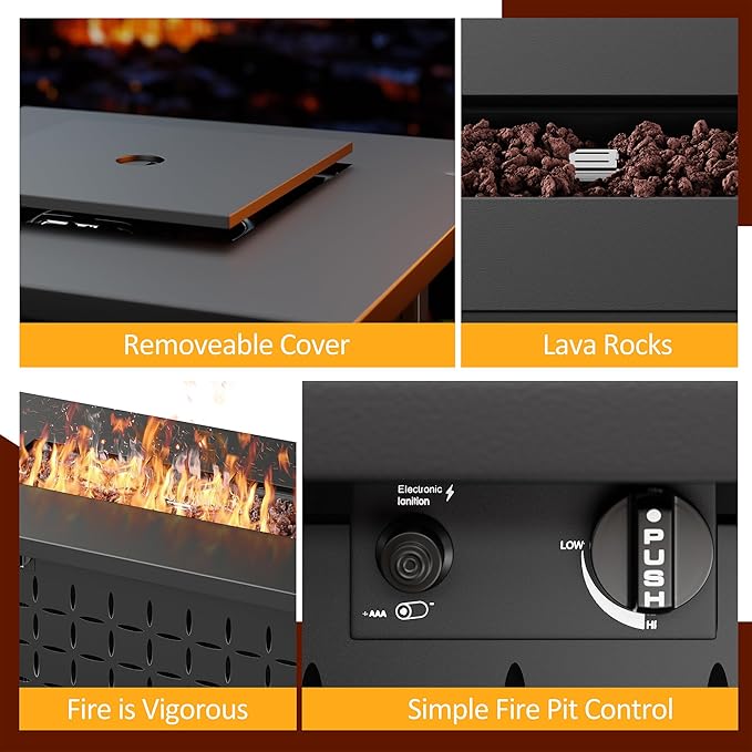 Vongrasig 43 inch Gas Fire Pit Table, 50,000 BTU Outdoor Rectangular Propane Firepit Table with Lid, Glass Wind Guard, Lava Rock, 2 in 1 Firepit Table for Outside, Patio, Deck, Garden, Backyard