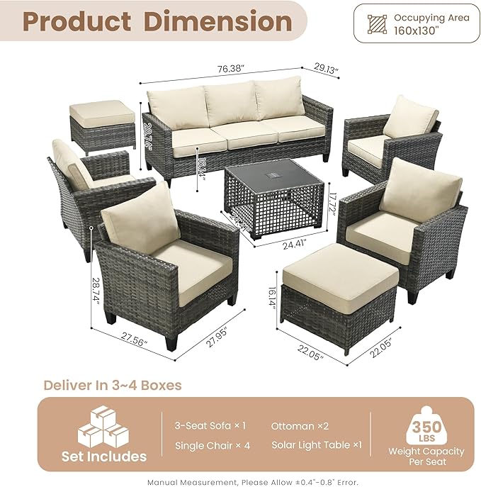 HOOOWOOO Outdoor Patio Furniture Set,8 Pieces Wicker Conversation Set,All Weather Couch Set with Solar Light Table Ottoman Chairs 9 Seaters for Out Door Yard(Beige)