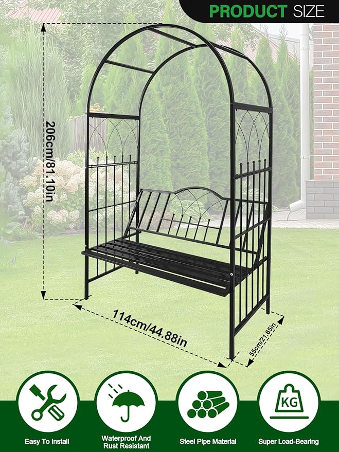Kalolary Garden Arch with Bench, Heavy Duty Metal Garden Arbor for Climbing Plant & Bench Vines Climbing Support for Lawn Yard Patio Decor (81"x45")