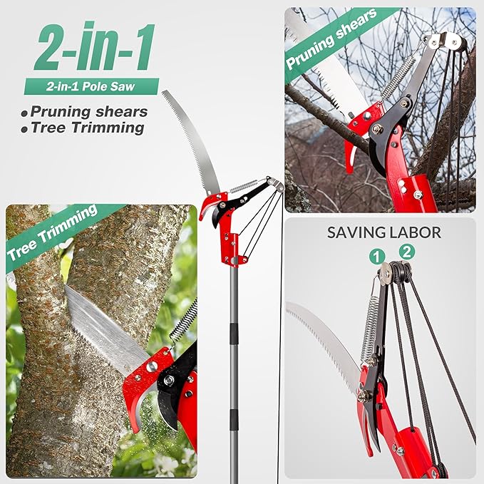Suchtale 14ft Pole Saw, Manual Tree Pruner with Sharp Steel Blade, Trimmer with Scissors and High Strength Lightweight Handles for Pruning High Branches, Shrubs and Twigs at Forest Yard Garden Patios