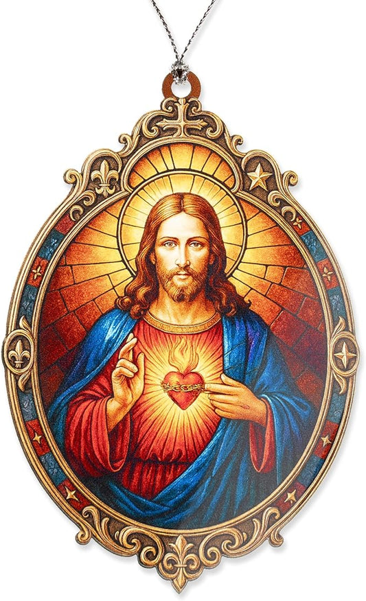 Sacred Heart Jesus Ornament – christian ornament – jesus gifts – religious decor – christmas ornament – Suncatcher effect window hanging – Car Hanging