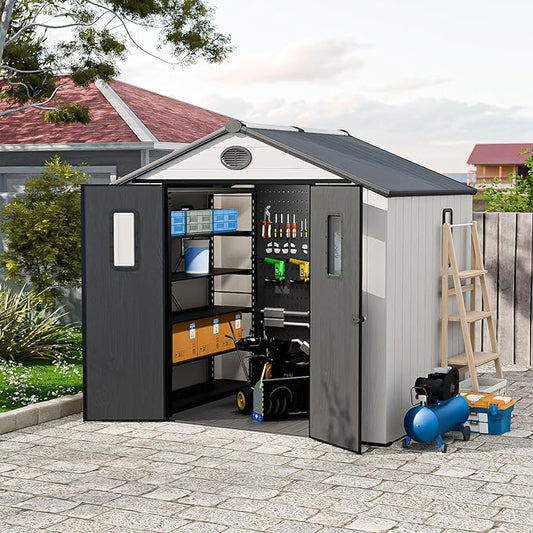 COOS BAY Resin Outdoor Storage Shed with Lockable Double Doors, Heavy-Duty Floor, All-Weather Garden Shed for Tools & Equipment, 8x6 ft, White/Gray