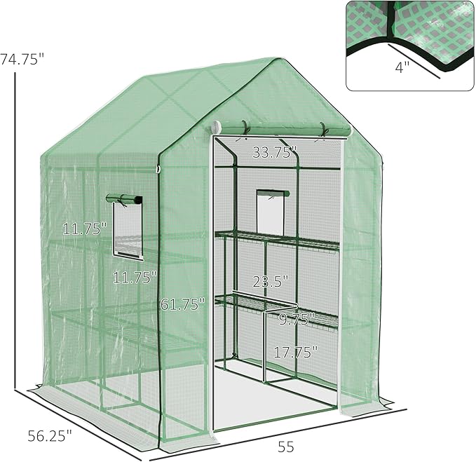 Outsunny 4.6' x 4.7' Portable Greenhouse, Water/UV Resistant Walk-in Small Outdoor Green House with 2 Tier U-Shaped Flower Rack Shelves, Roll Up Door & Windows, Green