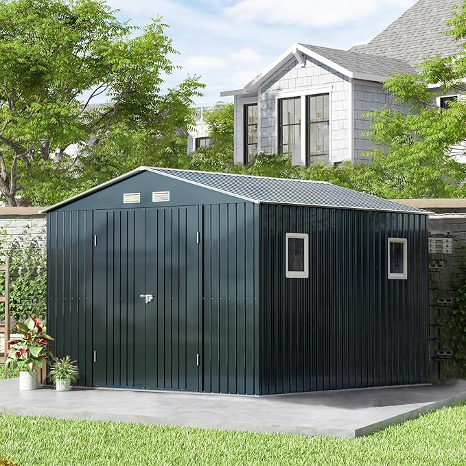 Breezz Outdoor Storage Shed 10 x 10 ft. Utility Tool Shed Metal Storage Garden Shed with Lockable Doors, Windows & Metal Frame Floor for Patio Storage,Nightblue