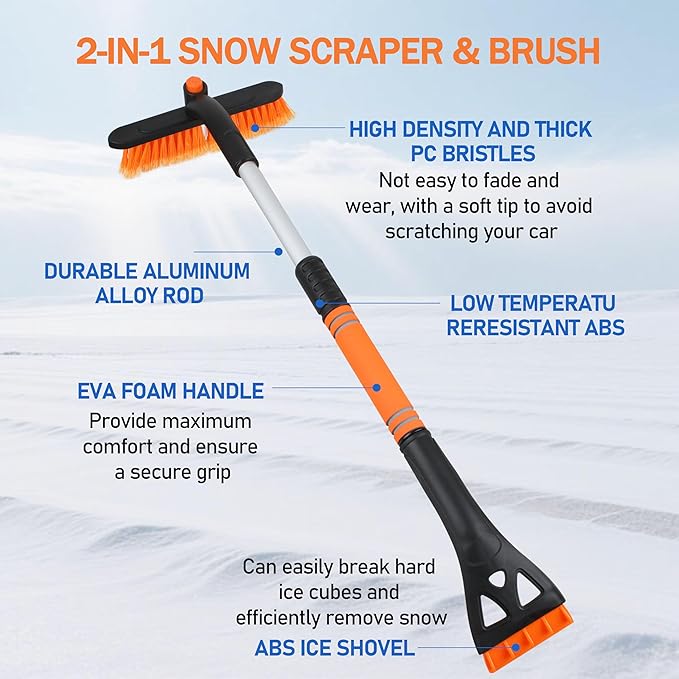 Ice scrapers for car Windshield,Use a with a Foam Grip and a 360 ° Rotating car Snow Brush and ice Scraper,Rotating Brush Head Removable Snow Brush for car New car Accessories 1 Set