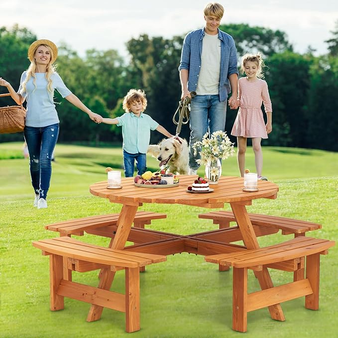 Giantex 8-Person Round Picnic Table Set with 4 Benches, 550 LBS Bench Capacity, 2" Umbrella Hole, Circular Outdoor Wood Dining Table & Chairs for Patio Yard Garden Porch Deck (71”x71”x28”,Yellow)