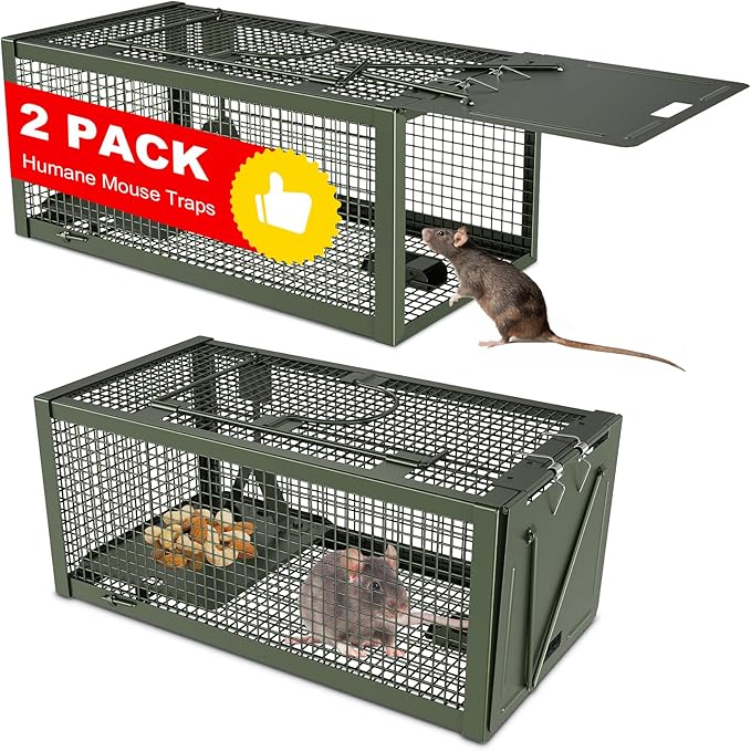 2 PCS Humane Mouse Rat Traps, Mice Chipmunk Squirrel Traps, and Other Live Animal Cage Catch and Release for Indoor and Outdoor-Green