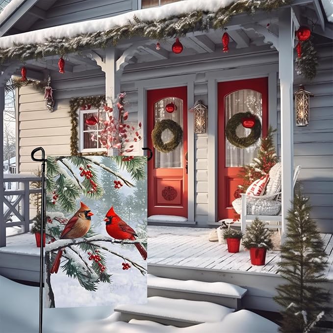 Winter Cardinal Bird Garden Flag Red Bird Pine Twigs Yard Flag Double Sided Polyester Holly Berry Snow Seasonal Garden Flags for Outdoor Farmhouse Christams Holiday Decor 12x18 Inch