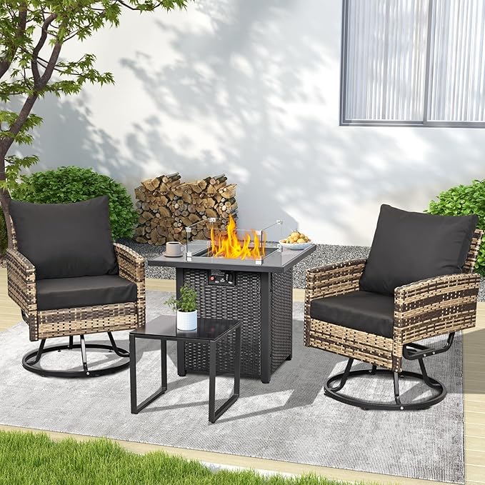 28'' Gas Fire Pit Table, Outdoor Square Fire Pit Table with Cover, Glass Wind Guard & Glass Rock, 60000 BTU Stainless Steel H-Burner Fire Pit Tables for Outside Patio Backyard Garden (Square)