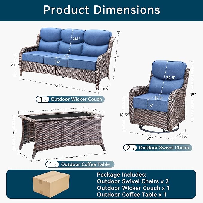 Luxury High Back Outdoor Furniture with 6-Inch Thick Cushions, Patio Furniture Set with Swivel Chairs, 4 PCS Wicker Conversation Set for Porch, Balcony, Deck and Yard