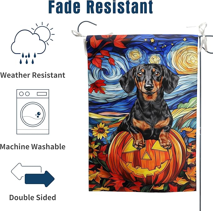 Stained Glass Dachshund Fall Garden Flag Halloween Pumpkin Yard Signs Autumn Sunflower Thanksgiving Banner for Outside 12x18 Double Sided Small Weiner Dog Outdoor Decorative