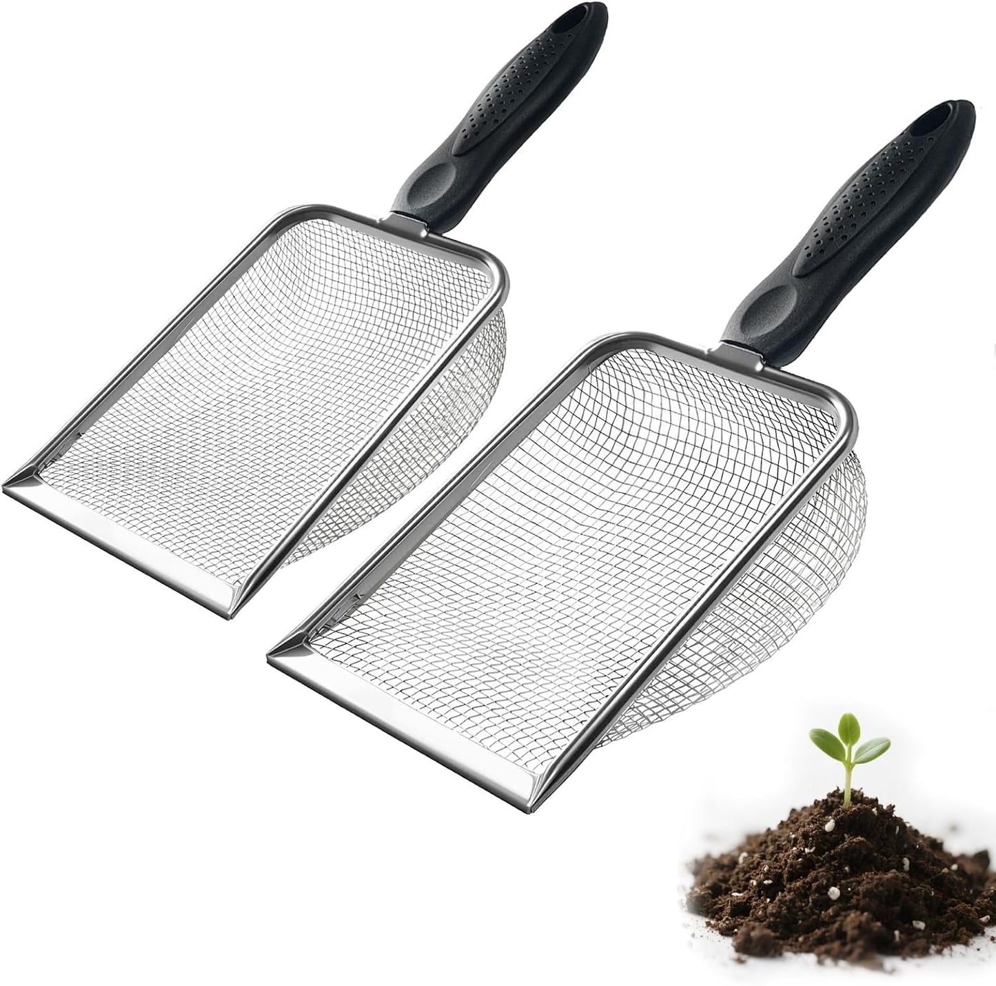 2 PCS 2-in-1 Gardening Soil Sifter Set with 2/2.8mm Mesh, Garden Sieve & Shovel Sifter Screen Potting Scoop for Sand, Dirt, Rock Compost, Stainless Steel & Ergonomic Handle