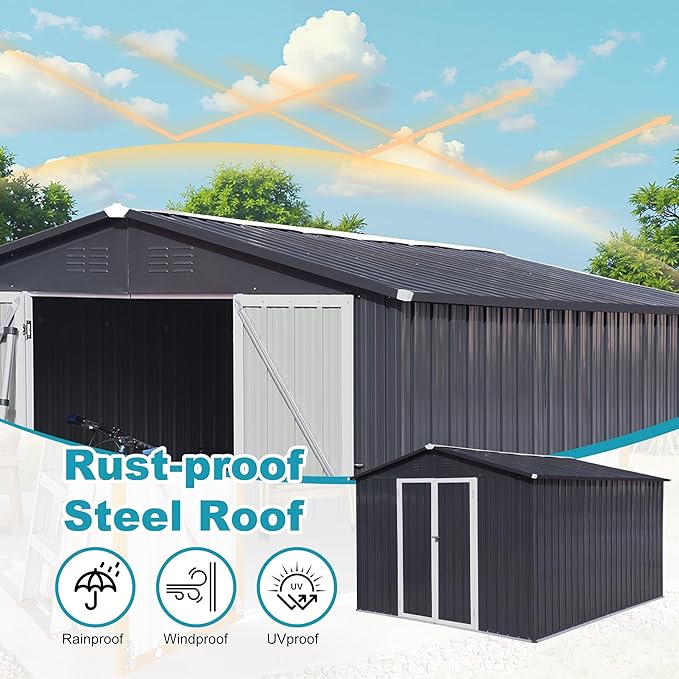 Sheds & Outdoor Storage 12 ft × 10 ft Storage Shed Large Classic Apex Roof Metal Garden Storage Sheds with Hinged Door Tool Cabinet for Backyard, Patio, Poolside, Dark Gray