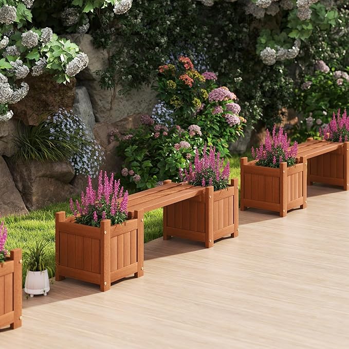 Giantex 2-in-1 Outdoor Bench with 4 Planter Boxes, Wood with Teak Oil Finish, Raised Garden Beds with Open-Ended Base, Garden Bench Seat for Porch Balcony Lawn Yard, DIY Assembly, 42"x11"x11.5"
