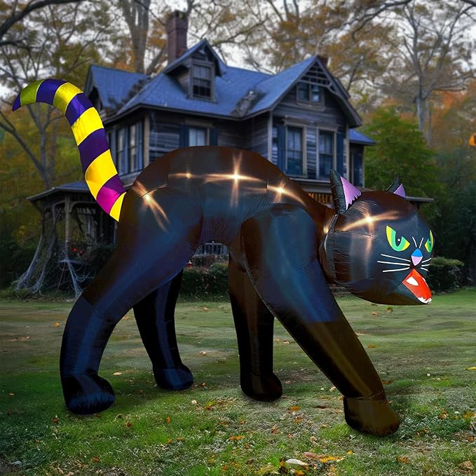 Haunted Hill Farm 9.8 Ft. Halloween Cat Blow Up with LED Lights, Giant Inflatable Yard Decor for Home, Haunted House, Black Cat with Spooky Green Eyes, Festive Outdoor Decorations for Patio and Yard