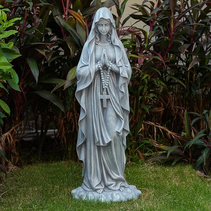 Virgin Mary Praying Statue 31.49 Inch Tall Outdoor Garden Religious Garden Outdoor Yard Patio Deck Home Entryway Hallway Sculpture Magnesium Oxide Stone （Grey Virgin）
