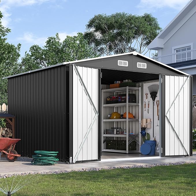 10x8FT Outdoor Storage Shed, Metal Garden Shed with Lockable Double Doors & Sloping Roof, Weather-Resistant Tool Shed for Backyard, Patio, Poolside Black