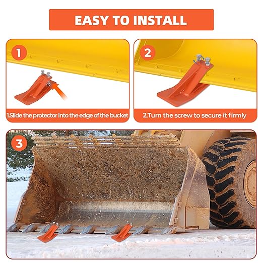 Tractor Bucket Protector, 2Pcs Ski Edge Protector Turf Tamer Double Lock Nuts and Bolts 4.5” Width Bucket Attachment Bucket Edge Anti-Skid for Snow Leaves Removal Spreading Gravel, Orange
