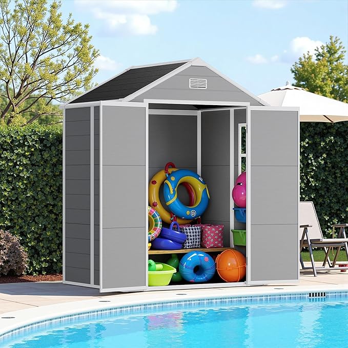 6×5 Light Grey Resin Outdoor Storage Shed with Floor Included & Window – All-Weather Lockable PP Plastic Garden Shed for Garden, Patio, Backyard | Stores Lawn Mowers, Bikes & Tools