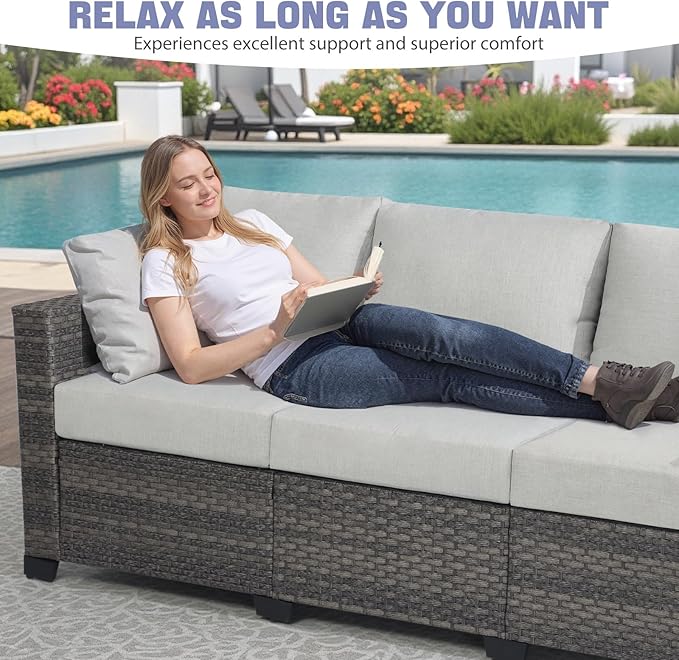 ABCASA Patio Furniture Set with Fire Pit Table, 44'' 60,000 BTU Flame Comfortable 10 Pieces Wicker Rattan Outdoor Furniture Set w/Soft Cushion, Patio Conversation Sets for Porch,Deck,Poolside,Grey