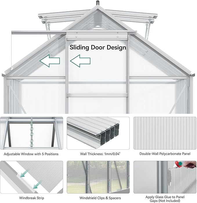 YITAHOME 12x6FT Polycarbonate Greenhouse Large Heavy Duty Green Houses Outdoor Aluminum Greenhouses with Sliding Doors Vent Window Walk-in Greenhouse for Garden Backyard, Silver