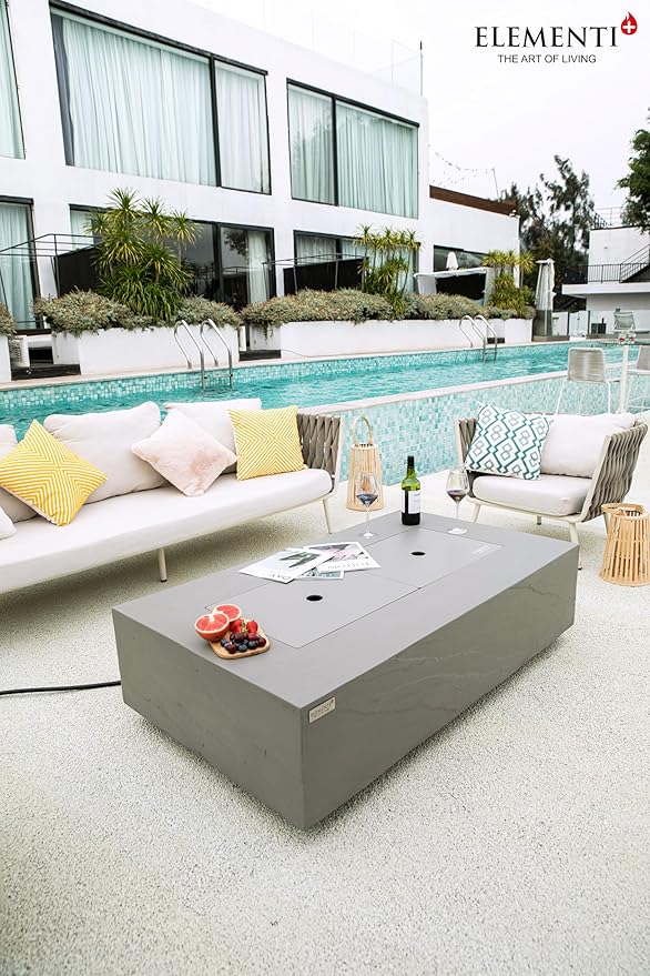 Elementi+ | Bundle Meteora Gas Fire Pit Cast Concrete 56" Rectangular Fire Table, Outdoor Fire Pit Electronic Ignition | Canvas Cover, Fire Glass and Burner Lid Included | Light Gray | Natural Gas
