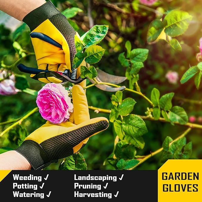 COOLJOB Breathable Mesh Cowhide Leather Work Gloves with Grip, Thorn Resistant Gloves for Gardening Pruning, 1 Pair, S-XL