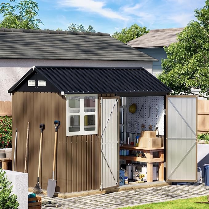 8X6FT Outdoor Steel Storage Shed with Lockable Doors, Frame Floor (No Wood/Other Boards),One Window,Ideal for Garden, Backyard, Patio Storage,Brown