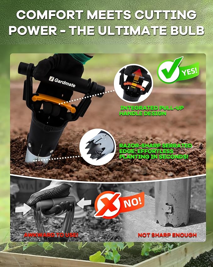 Bulb Planter Tool - One-Touch Automatic Bulb Planter for Bulbs, Seeds & Seedlings - 5" Depth Stainless Steel Garden Bulbs Dibber with Ergonomic Handle - No Bend Planting, Includes Gloves