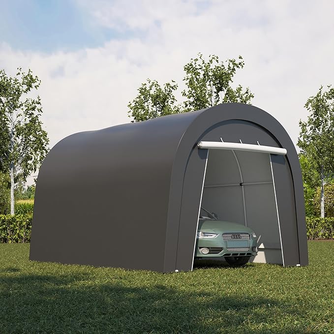 Carport, 10'x15' Outdoor Round Portable Garage with 2 Roll up Doors, Heavy Duty Storage Shelter Car Canopy Party Tent, Dark Gray