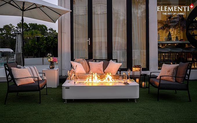 Elementi+ | Bundle Athens Gas Fire Pit | Concrete Body & Marble Porcelain Top | 62" Rectangular Fire Table | Electronic Ignition | Canvas Cover, Fire Glass, Burner Lid & More | White | Natural Gas