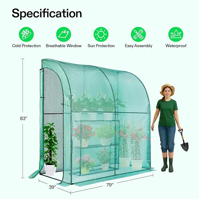 VIVOSUN Lean-to Greenhouse, 6.6’ x 3.3’ x 6.9’ Portable Wall House with Green PE Cover and Shelf for Compact Garden 79x39x83-Inch