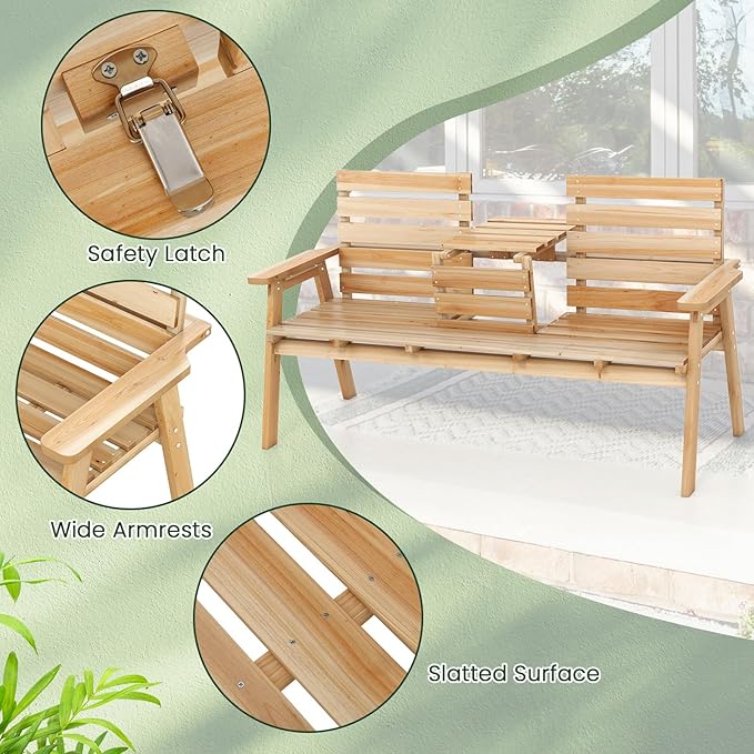 Tangkula Outdoor Fir Wood Bench with Foldable Middle Table, 2-3 Person Garden Bench with Backrest and Armrests, 710 lbs Weight Capacity, Slatted Seat Bench for Porch, Patio, Backyard