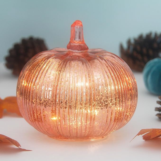Mercury Glass Pumpkin Lights with Timer, Battery Operated Led Pumpkin Lights for Halloween Fall,Thanksgiving Rustic Decor (Rosegold Fine-Striped, 6")