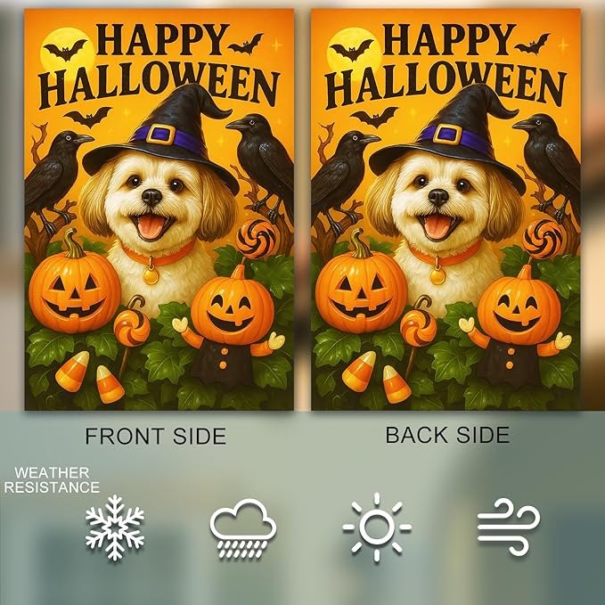 IVN Halloween Shih Tzu Garden Flag 28 x 40 Inch Double Sided House Flag with Witch Hat Pumpkin and Raven Design for Spooky Outdoor Porch Decor