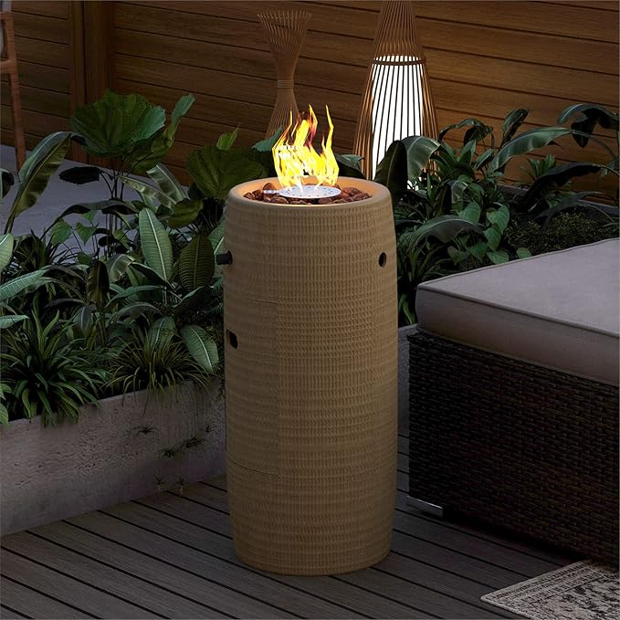 SUNBURY Outdoor Propane Fire Pit, Stone Like Fire Pit Table with Glass Wind Guard, Waterproof Cover, 15000BTUS Small Column Firepit Garden Lighting (Beige)