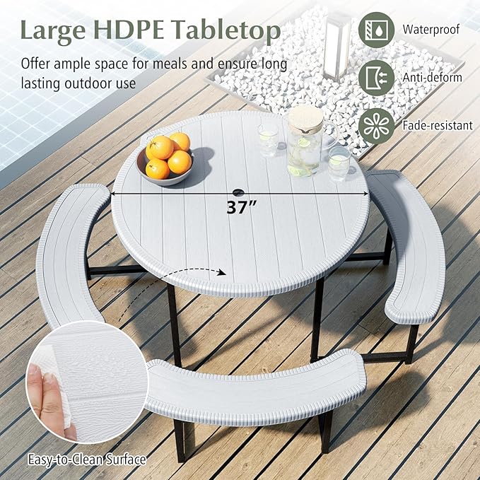 Giantex Picnic Table Bench Set for 4-8 Person, Round 37” Outdoor Dining Table w/Umbrella Hole, HDPE Tabletop, Metal Frame, Patio Furniture Set for Backyard Porch Lawn, 1400lb Capacity (White,Round)